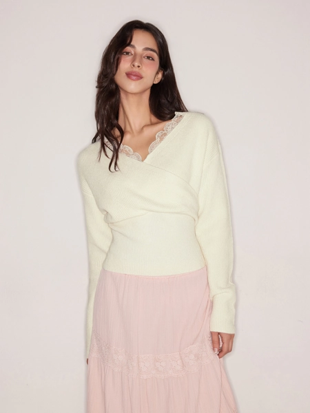 Knit Fabric Knit V-neck Solid Lace Trim Wrap Long Sleeve Top For Daily Casual