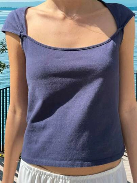 Vintage Cap Sleeve Crop Tops Women Casual Square Collar Basic Baby Tees Teen Girl Y2k Aesthetic T-Shirt Fairy Cute Clothes
