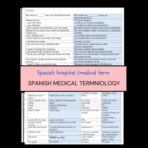 Medical Spanish Terminology, Spanish Terminology Nursing, Nursing School Notes  - PCT/CNA, Medical assistant, EMT, ems, Doctor -  (2 pdf )