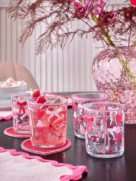 Set of 4 Pink Heart and Bow Tumbler Glasses