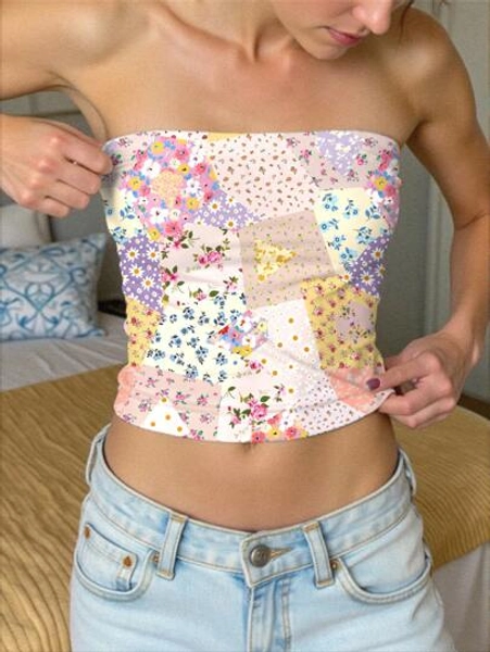 INAWLY Women Allover Floral Print Crop Bandeau Top, Tube Top For Summer, Vacation