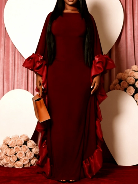 Women's Christmas Velvet Maxi Dress Long Sleeve Ruffle Mermaid Cocktail Wedding Guest Gown - Size M