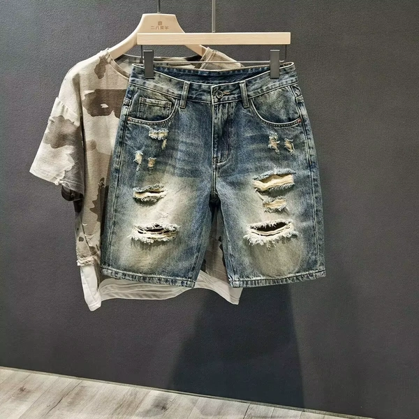 High-end 2025 Brand Personalized Ink Splashing Ripped Denim Shorts Retro Men's Summer Thin Medium Pants Outer Wear 5-point Pants - AliExpress 200000343