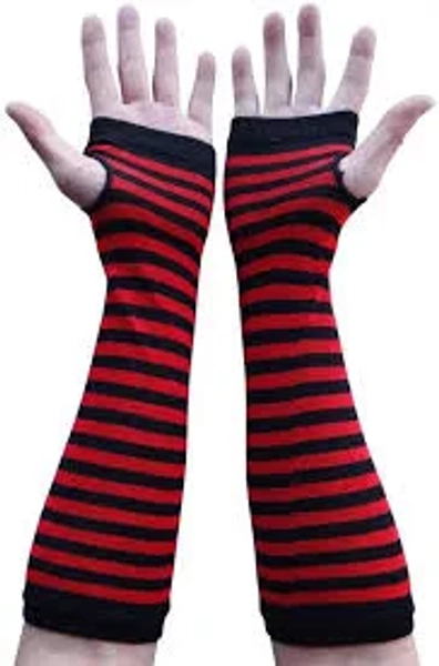 Women Striped Long Fingerless Gloves, Winter Knitted Arm Warmers For Punk Rock/ Cosplay/ Goth/ Christmas Party WM-S-G5 (Crimson & Black)