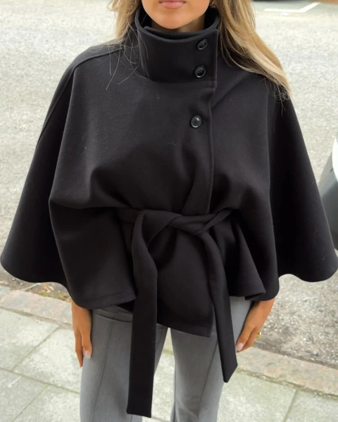 Elegant High Neck Belted Cape Jacket - Orizelle