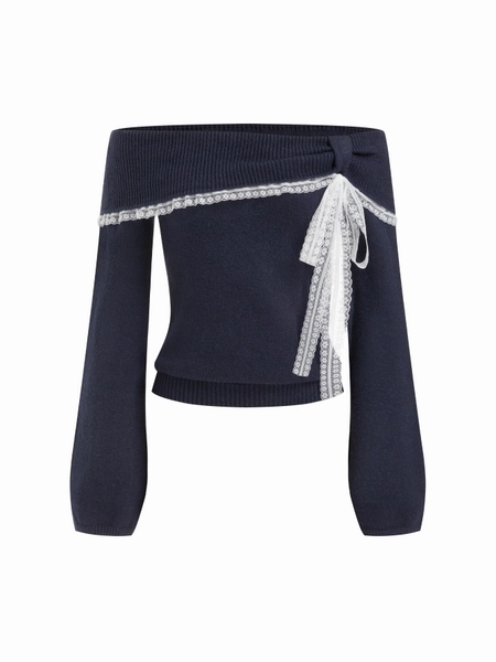  Off-shoulder Lace Trim Long Sleeve Top xxs