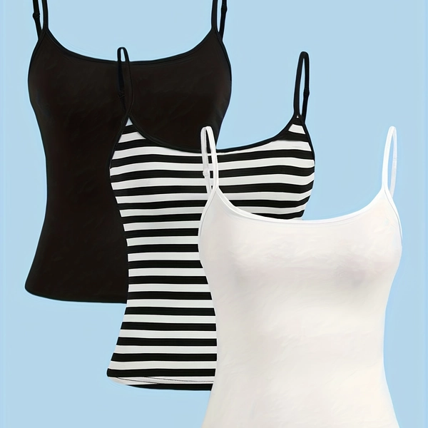 3pcs Women'S Casual Strapless Tank Tops - Black, White & Striped, Comfortable & Stylish for Spring & Summer, Sleeveless Fashion Tops|Casual Style Tops|Stretchy Fabric Tops