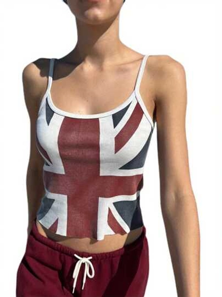 Women's Union Jack Print Camisole Summer Sleeveless Scoop Neck Crop Tank Tops Sexy Backless Slim Fit Cami Tops Y2K Streetwear