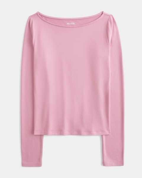 Long-Sleeve Seamless Fabric Slash-Neck Top