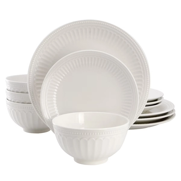Elama Gabriella 12 Piece Stoneware Dinnerware Set in White, Service for 4