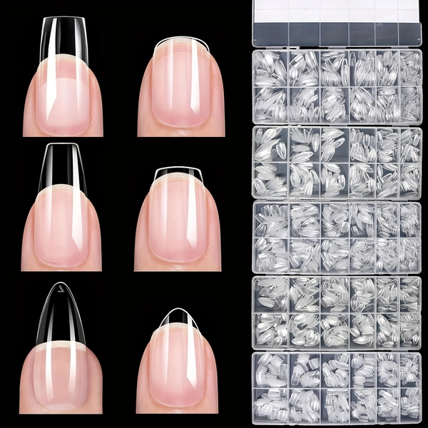 [600 Gel Nail Tips] 600 Medium Coffin-Shaped Soft Gel Nail Tips | Semi-Matte Press-On Fake Nails Set, Transparent Full-Coverage Extension Kit with 10/12 Sizes for DIY Salon Use