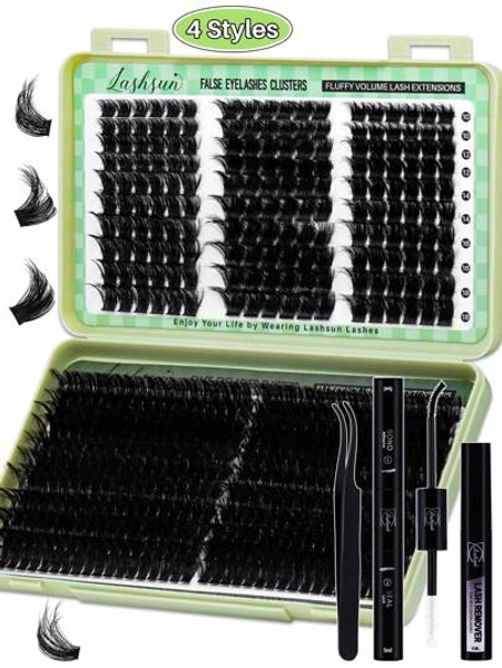 540pcs D Curl 4 Styles 10-18mm/14-22mm Mixed Length Fluffy Volume Cluster Lashes Kit Soft And Comfortable False Eyelashes Long-Lasting Lashes Kit With Lash Bond&Seal Lash Remover And Tweezers Eyelash At Home For Daily Life&Dates And Party