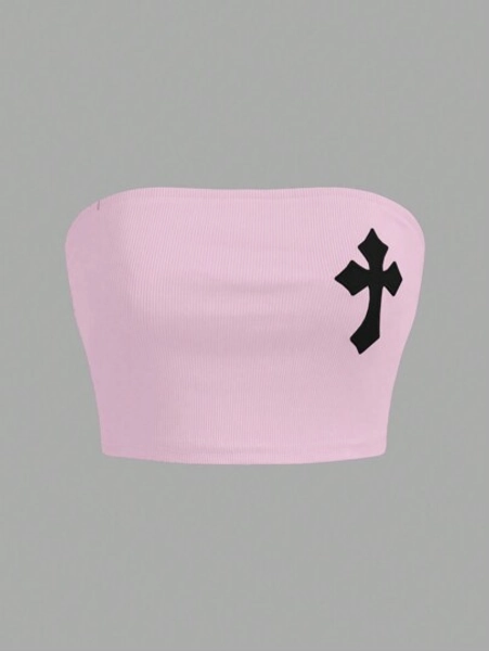 ROMWE Goth Cross Embroidered Women's Camisole Crop Top, Pink
