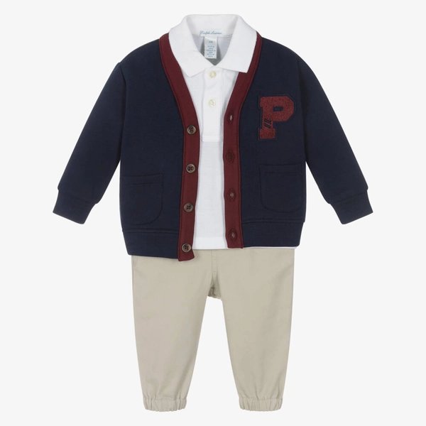 Baby Boys Navy Blue Cardigan & Beige Trousers Set