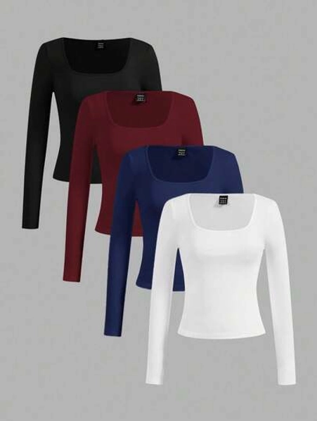 SHEIN Essnce 4pcs/Set Casual Solid Color Versatile Crew Neck Long Sleeve T-Shirts For Women, Suitable For Autumn/Winter,Fall