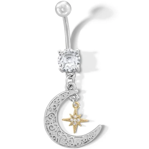 14G Yellow Ion Plated CZ Moon and Star Belly Button Ring