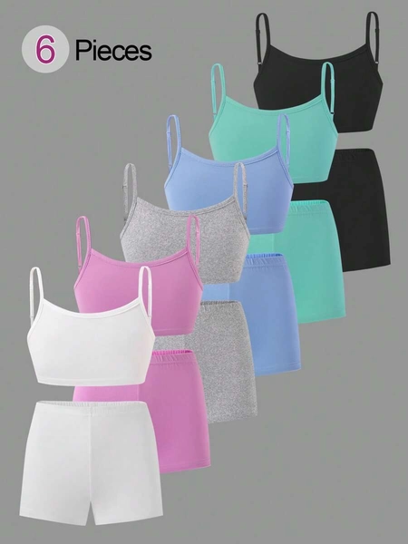 Girls' 6-Piece Knit Slim Fit Basic Casual Camisole & Shorts Solid Color Underwear Set Autumn Fall