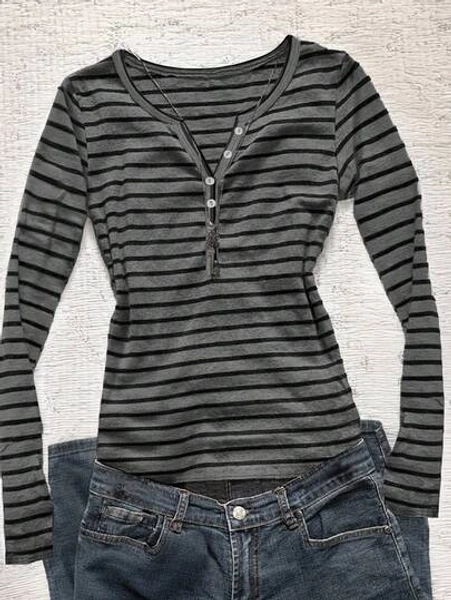 Noixe Women's Casual Button Half-Placket Striped Long Sleeve T-Shirt