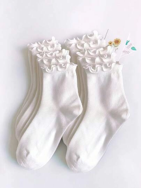 1 Pair/3 Pairs/6 Pairs Of Japanese-Style Curled Hem Socks, Cute Women's Socks, Fresh Lace Trim Women's Socks, Ankle Socks Decorated With Ruffles, White Ruffled Casual Mid-Tube Socks