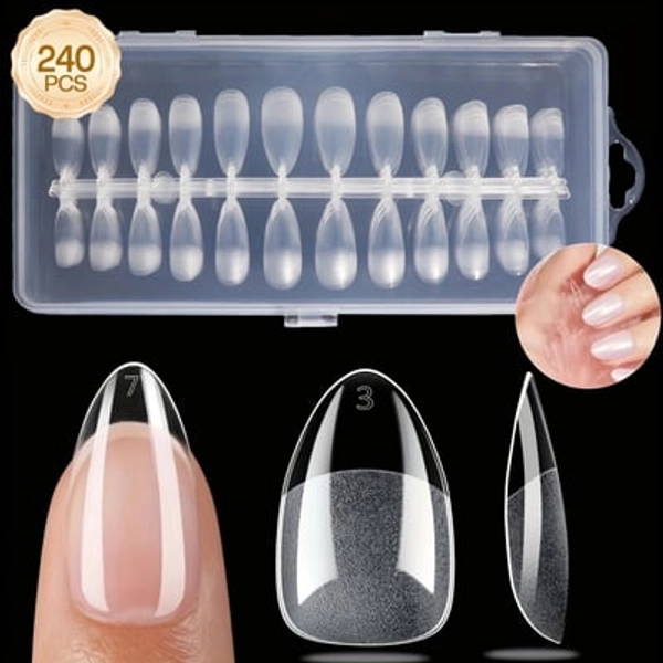 Morovan 240pcs Nude Almond Shaped Short Acrylic Nail Tips, Frosted Matte Finish, Semi-Coverage Soft Gel Press-on False Nails for Salon Use - 12 Sizes