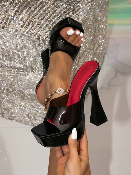 Women's High Heel Platform Thick Heel Fashionable Square Toe Black Decorated Transparent Glamorous Party Stiletto High Heel Sandals, Suitable For Outdoor Wear
