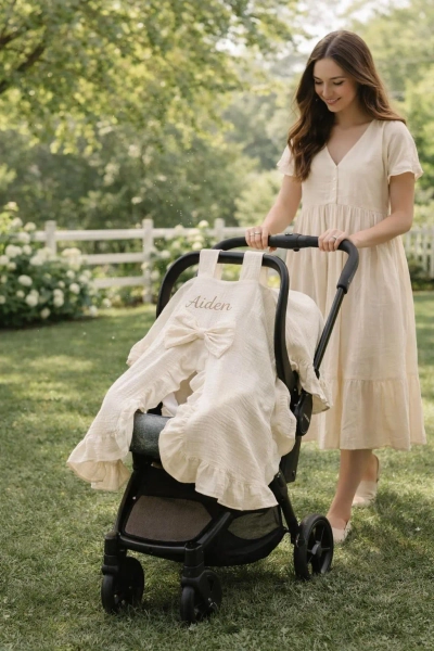 Personalized Muslin Car Seat Canopy with Name | 4-Layer Cotton Baby Cover