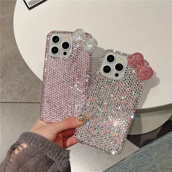 Fashionable Luxury Crystal-Edged Plaster Glass Crystal Bow Anti-Drop Phone Case for iPhone 17 Pro Max/16 Plus/XS Max/7G