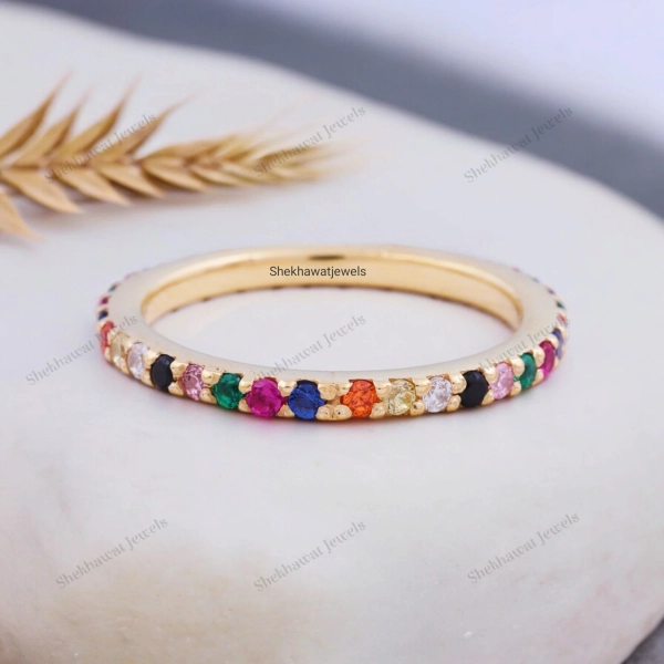 Rainbow Gemstone Eternity Band, Multi Gemstone Ring, 14k Gold Rainbow Wedding Ring, Precious Stone Ring, Personalized Custom Birthday Gifts
