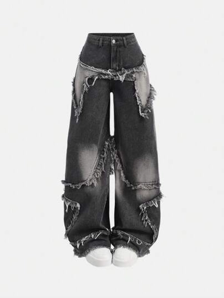 SHEIN Teen Girls Y2K Fashion Star Patchwork Fringe Low-Waisted Baggy Wide Leg Denim Jeans Pants With Raw Hem And Slanted Pocket