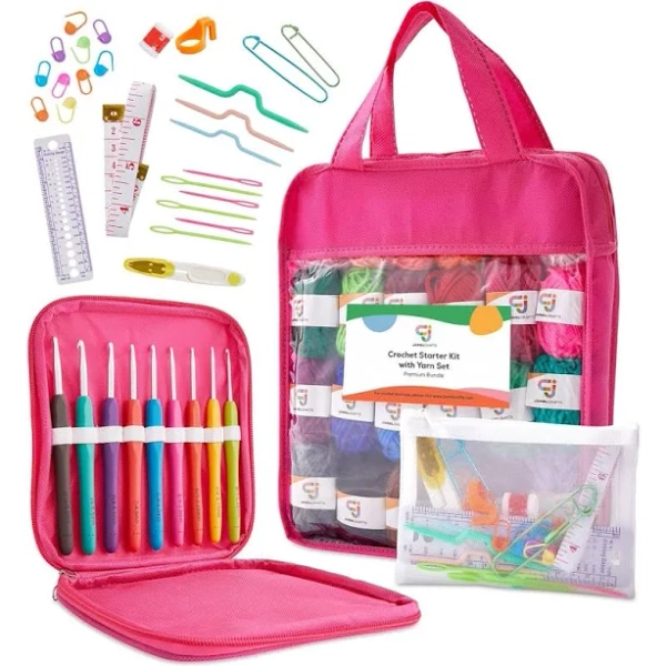 JumblCrafts Ultimate Crochet Starter Kit 24 Yarn Set with Travel Bag, Crochet Hooks, and More