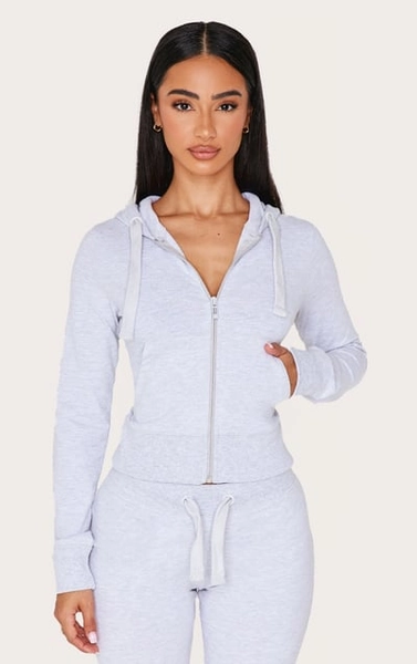 PrettyLittleThing Petite Grey Marl Zip Up Fitted Track Top
