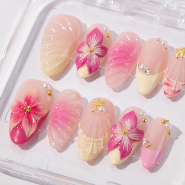 3D Floral Press On Nails: Pink Flower, Pearl & Gold Accents