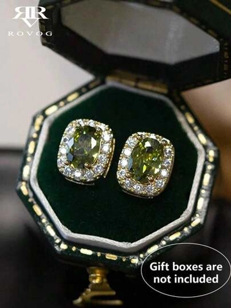 1 Pair Exquisite Copper-Plated Stone Stud Earrings – Chic And Elegant Design, Perfect Daily Wear Or Festival Gift For Women
