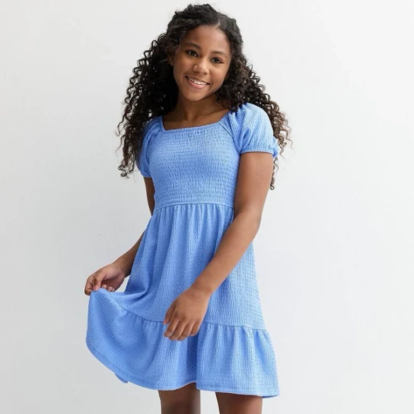 Girls 6-20 SO Crinkle Smocked Bodice Dress in Regular & Plus Size, Girl's, Size: Large (10/12), Blue