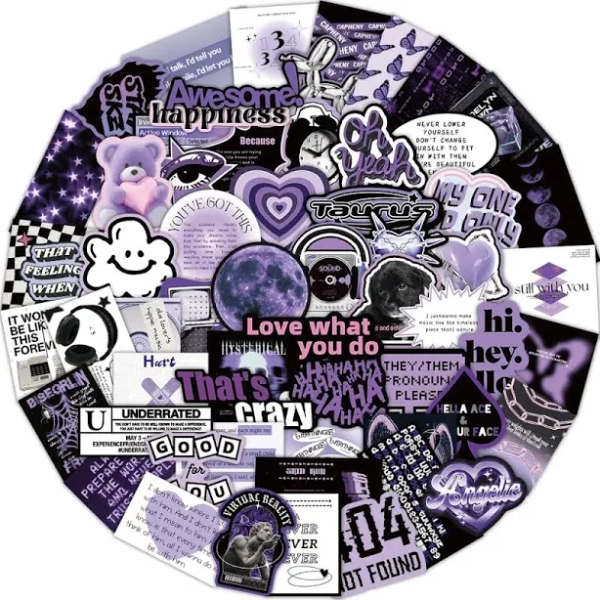 60PCS Ins Style Cool Black Purple Dark Graffiti Stickers Scrapbooking Collage Material DIY
