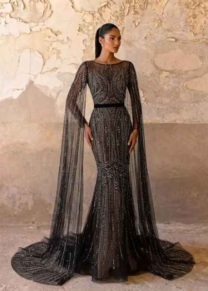 Gothic Sequin Evening Gown with Dramatic Sleeves