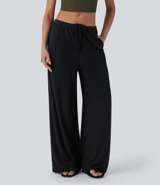 High Stretch Ribbed Low Rise Drawstring Wide Leg Flowy Casual Pants with Pockets