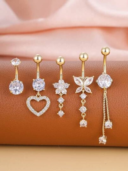 5pcs/Set Gold-Plated Curved Barbell, Belly Button Rings Set, Surgical Stainless Steel Inlaid Glitter Zirconia Heart, Flower, Butterfly Piercing Jewelry For Women, Daily Wear & Holiday Gift