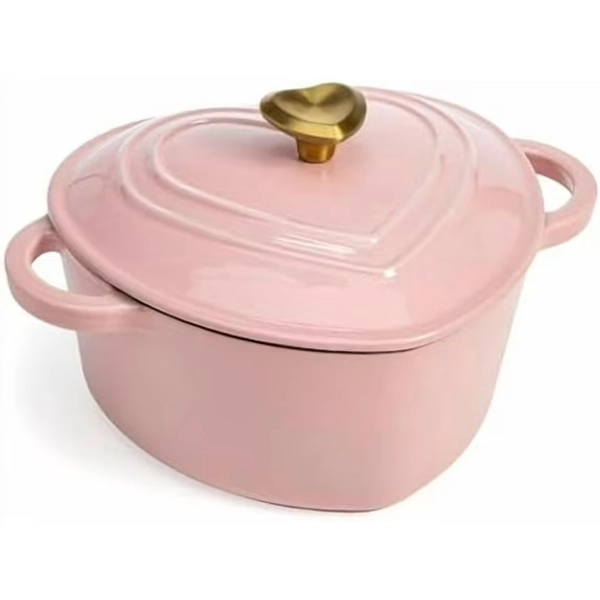 Enameled Cast Iron Dutch Oven Heart-Shaped Pot with Lid, Dual Handles, Works on All Stovetops, Oven Safe to 500°F, 4-Quart, Pink