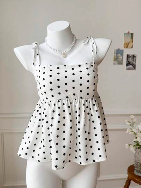 Comfortcana New Cute Polka Dot Top White Woven Polka Dot Camisole For Women