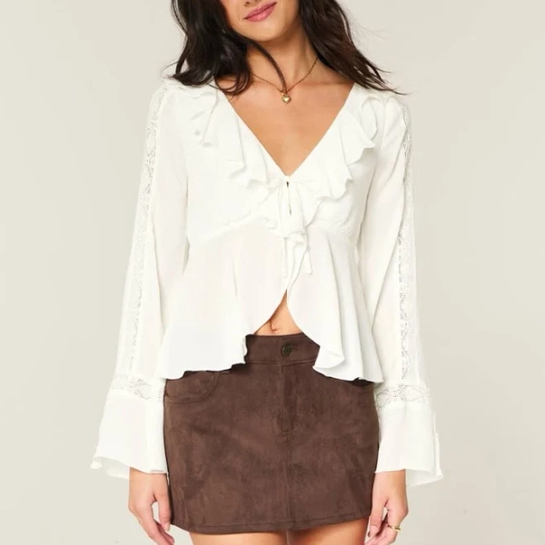 Hollister Women's Easy Long-Sleeve Ruffle Babydoll Top