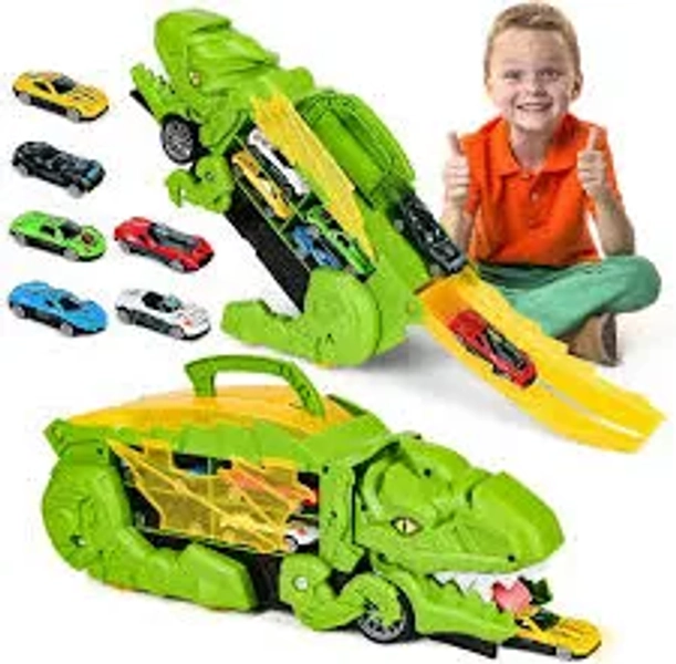 Dinosaur Truck Toys for Boys Age 3-6, 18 Inch Foldable Race Track, 10 Die-Cast Cars, Transforms to T-Rex