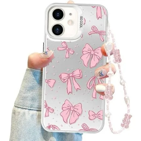 Coquette Bow Phone Case for iPhone 12, Cute Pink Ribbon Bow Aesthetic Case for Women Girls with Bracelet Chain - Pink