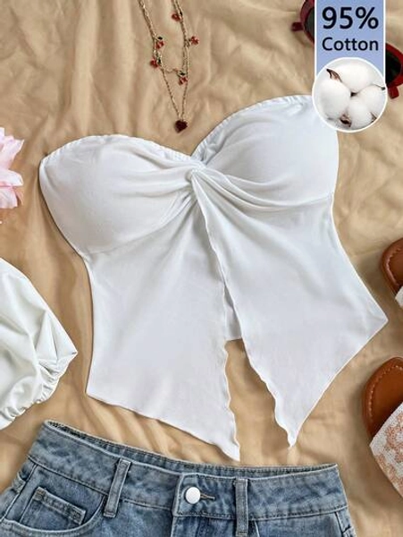 Soleia Women's 95% Cotton White Sexy Casual Vacation Twist Cutout Bandeau Top, Date Night Valentine's Day Island Girl Vintage Seaside Vacation Romantic Vacay Vibes Spring Break Cute Home Soft Girl Clean Girl Outfit