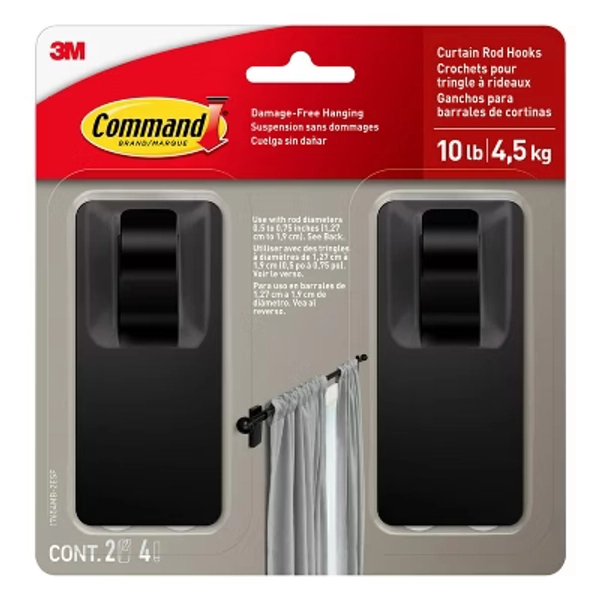 2pk Command Window Hooks Black: Plastic Curtain Holdbacks & Tiebacks, Brushed Finish, 6.75" Height, 2 Pieces