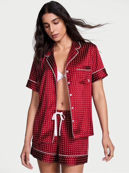 Red Lacquer White Dot Christmas Satin Short Pyjamas Set