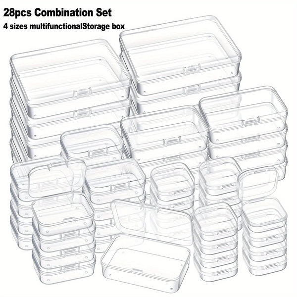 28pcs Transparent Storage Boxes with Lids | Durable 4-Size Set | Jewelry & Office Supplies Organizer | Dustproof, Moisture-Proof & Desktop Organizing Solution