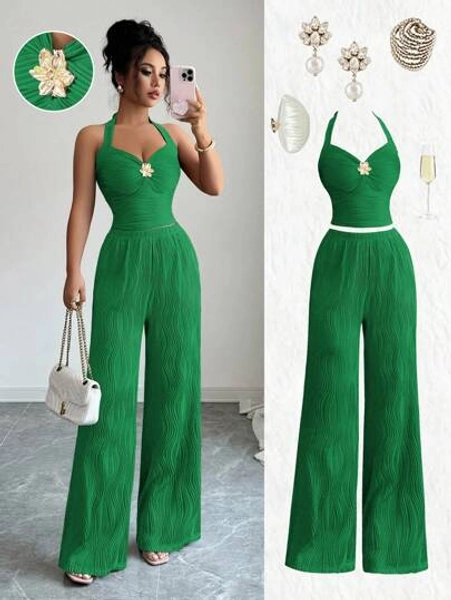 Elenzga New Retro Y2K Sexy Wavy Texture Outfit, Metal Flower Decor Cropped Spaghetti Strap Camisole + Straight Leg Pants, Slim Fit 2 Pieces Set, Independence Day Stockholm Style, Brown