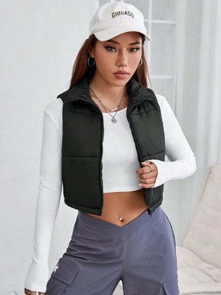 SHEIN PETITE Zip Up Crop Vest Padded Coat In Fall/Winter