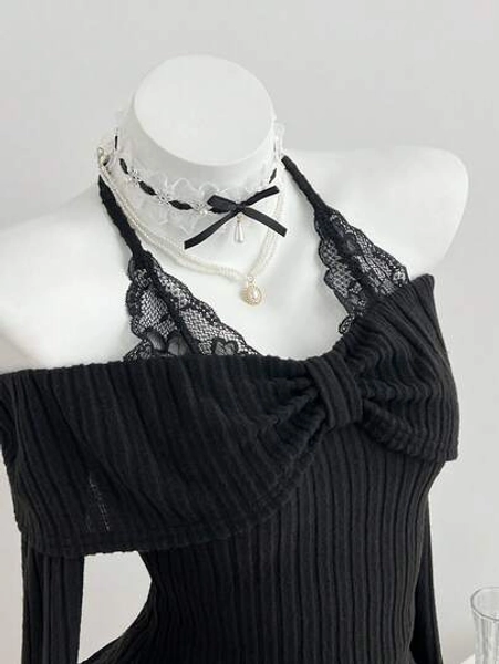 Elamini Women Summer Black Elegant T-Shirt  Autumn Dinner Date,Knit Fleece Ribbed Lace Patchwork V-Neck Halter Tie Bow Cold-Shoulder Long Sleeve Fitted Top - Size M